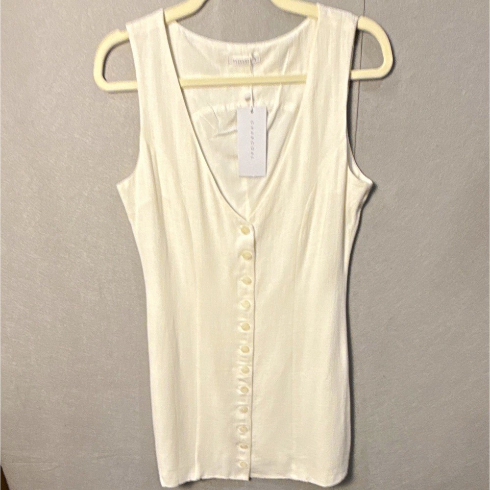 Charcoal White Solid Linen Rayon Lined V-Neck Sleeveless Button Mini Dress 8